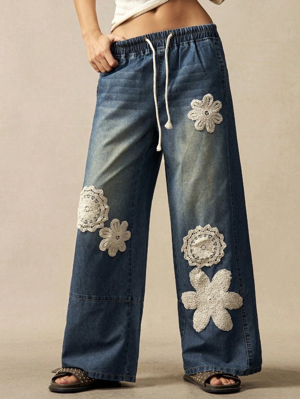 Blue Casual Women's Woven Loose Wide-Leg Jeans - Picture 3 of 6